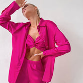 Strap Wooden Ear Sexy Underwear Long Sleeve Polo Collar Top Three Piece Set Artificial Silk Home Women Pajamas